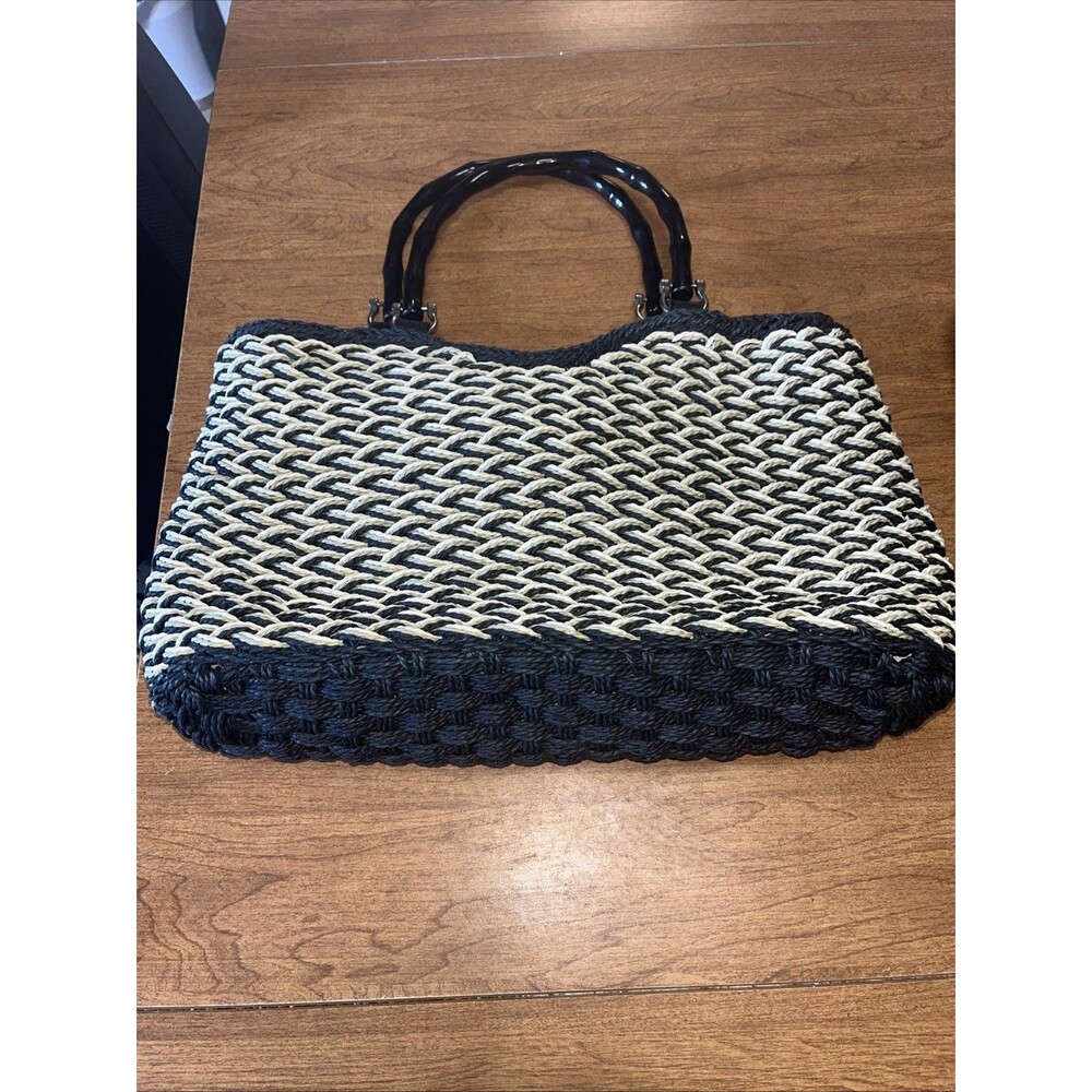 Madison Studios Black And Tan And Light Green Woven Bag With Handles